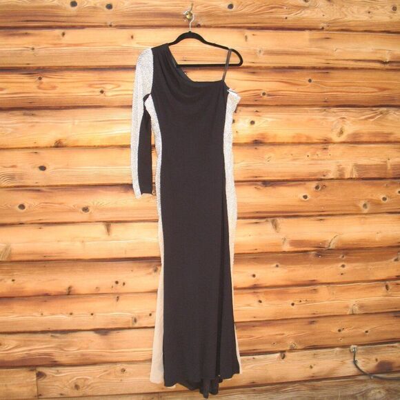 Xscape "DORTHEY"  LONG CAVIAR BEADED JERSEY KNIT ONE SHOULDER LONG SLEEVE DRESS - Picture 5 of 13